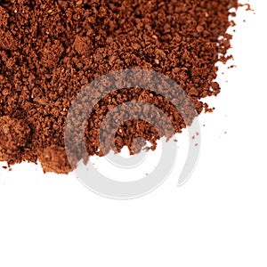 Ground milled coffee powder isolated over white background