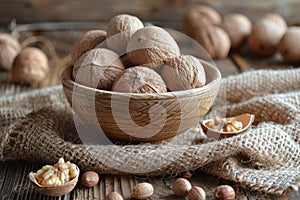 Ground nutmeg spice in the wooden plate closeup