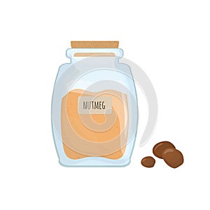 Ground nutmeg stored in clear jar isolated on white background. Piquant condiment, food spice, cooking ingredient in