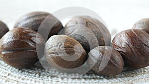 Ground nutmeg on table close up ,