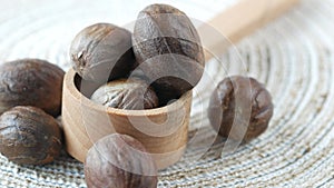 Ground nutmeg on table close up ,