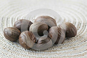 Ground nutmeg on table close up ,
