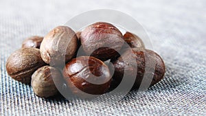 Ground nutmeg on table close up ,