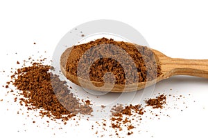 Ground nutmeg in a wooden spoon