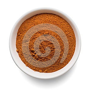 Ground paprika powder in round bowl isolated on white. Top view