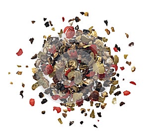 Ground peppercorn heap isolated on white background, top view