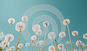 A ground perspective view of dandelions towering high. Generated image