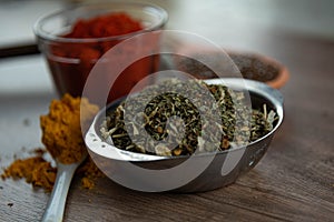 Ground red culinary condiment made from annatto Bixa orellana