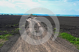 Ground road leaving to the horizon. Agriculture plowed field. Black soil plowed field. Tillage soil prepared for planting crop.