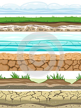 Ground seamless levels. Desert grounded land soil ice grass texture water stone surfaces. Game ui vector