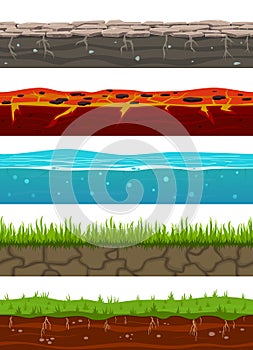 Ground seamless levels. Game earth surfaces with land grass, dried soil, water and ice, lava. Landscape layers seamless