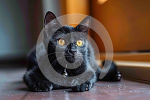 Ground sitting black cat with captivating yellow eyes, a compelling pose