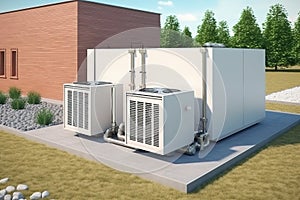 Ground source heat pump system for heating home with geothermal energy.
