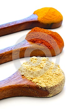 Ground spice on wooden spoons