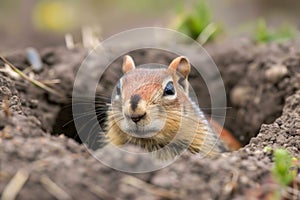 ground squirrel peering from gopher hole