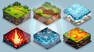 Ground tile set with grass, stone, water, ice, and lava textures. Modern cartoon set of floor tiles with seamless