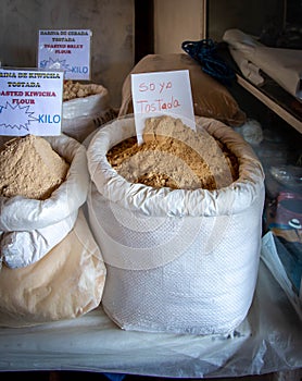 Ground toasted soybeans at a market