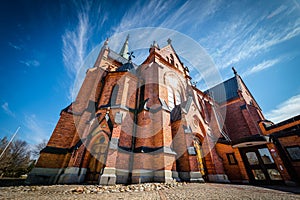 Ground up view of the City Church built in red bricks, ready year 1894. Umea, Northern Sweden