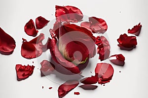 The ground was covered in stray red rose petals. White background, isolated