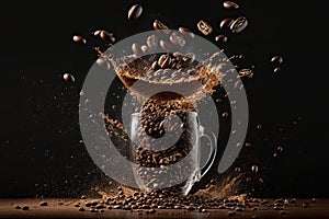 while and grounded coffee beans in  motion