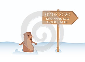 Groundhog climbed out of the hole. Sign of 02.02.2020 and shopping day.