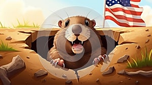 The groundhog crawls out of the hole. Groundhog day funny cartoon banner