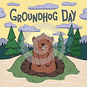 Groundhog day. Cute groundhog looking out from the burrow on picturesque pine forest and morning sky background. Line