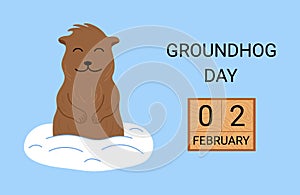 Groundhog day February 2. Cute cartoon happy groundhog looking out of burrow. Greeting card, poster, banner. Vector flat