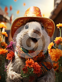 Groundhog Day. February 2nd, Punxsutawney Phil, hat, happy and smiling. folklore, superstition, weather forecasting