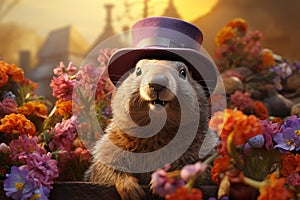 Groundhog Day. February 2nd, Punxsutawney Phil, hat, happy and smiling. folklore, superstition, weather forecasting