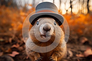 Groundhog Day. February 2nd, Punxsutawney Phil, hat, happy and smiling. folklore, superstition, weather forecasting