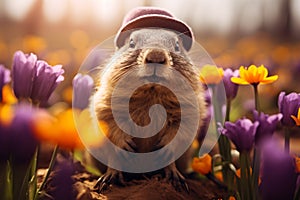 Groundhog Day. February 2nd, Punxsutawney Phil, hat, happy and smiling. folklore, superstition, weather forecasting