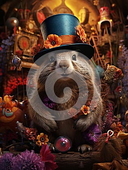 Groundhog Day. February 2nd, Punxsutawney Phil, hat, happy and smiling. folklore, superstition, weather forecasting