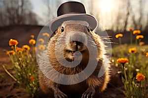 Groundhog Day. February 2nd, Punxsutawney Phil, hat, happy and smiling. folklore, superstition, weather forecasting