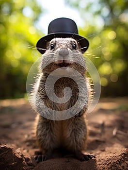 Groundhog Day. February 2nd, Punxsutawney Phil, hat, happy and smiling. folklore, superstition, weather forecasting