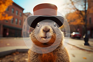 Groundhog Day. February 2nd, Punxsutawney Phil, hat, happy and smiling. folklore, superstition, weather forecasting