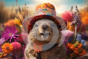 Groundhog Day. February 2nd, Punxsutawney Phil, hat, happy and smiling. folklore, superstition, weather forecasting