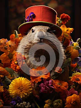 Groundhog Day. February 2nd, Punxsutawney Phil, hat, happy and smiling. folklore, superstition, weather forecasting