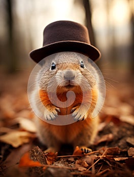 Groundhog Day. February 2nd, Punxsutawney Phil, hat, happy and smiling. folklore, superstition, weather forecasting