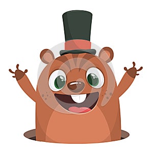 Groundhog Day 2 February. A comic illustration with a marmot cartoon in major hat waving hands.