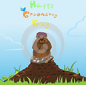 Groundhog day. Funny cartoon color character of marmot after a hibernation. Vector illustration.
