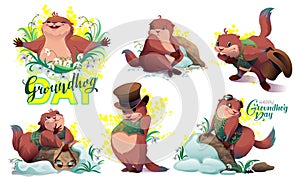 Groundhog day set illustration for greeting card. Marmot weather forecaster