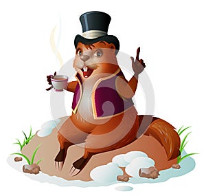 Groundhog forecaster climbed out of hole, sitting and drinking coffee. Groundhog Day photo