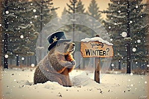 Groundhog in snowy forest with hat and sign questioning spring or winter