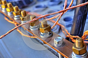 Grounding bus with terminals and wires inside of electrical control cubicle