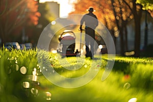 Groundskeeper Mowing Lawn at Dusk with Golden Sunlight and Trees photo