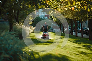 Groundskeeper Mowing Lawn at Dusk with Golden Sunlight and Trees photo