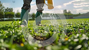 A groundskeeper stands proudly on the field holding a bottle of biofuel and a watering can as he waters the plants photo