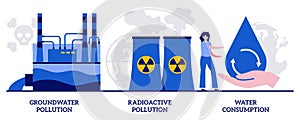 Groundwater pollution, radioactive hazardous waste, water consumption concept with tiny people. Environmental problem vector