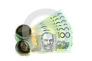 Group of 100 dollar Australian notes expand and roll on white background